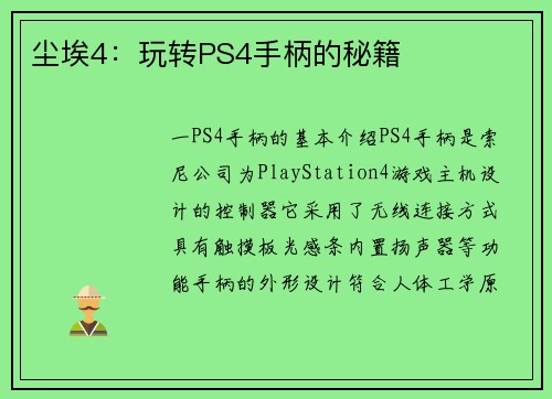 尘埃4：玩转PS4手柄的秘籍