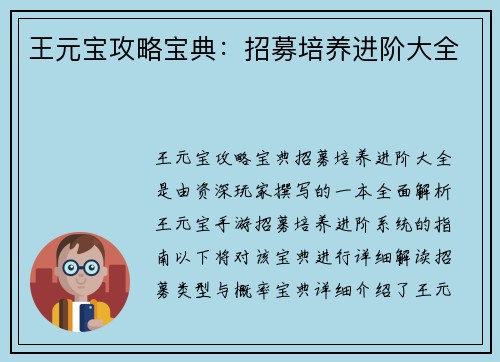 王元宝攻略宝典：招募培养进阶大全